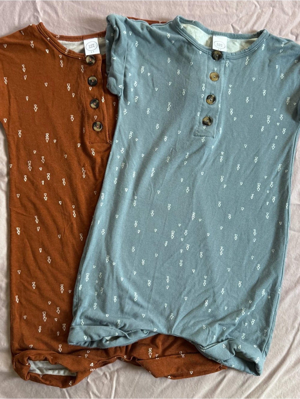 Lou Lou & Company Short-Sleeve Rompers in Rust and Dusty Blue